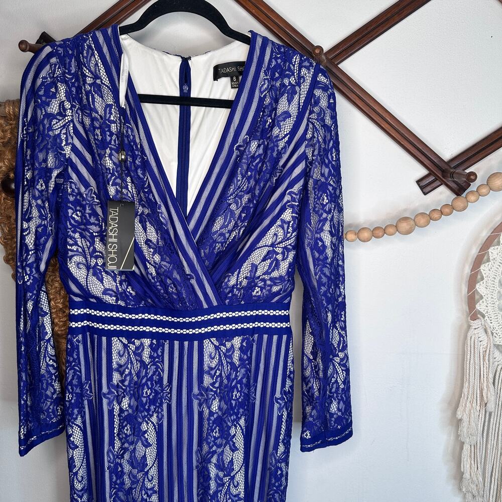 NEW Tadashi Shoji Royal Blue Ivory Stripe Floral Lace V Neck Evening Gown